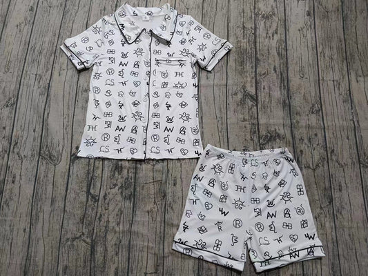 Preorder moq 5 Adult Women Western White Words Button Pocket Top Short Pajamas