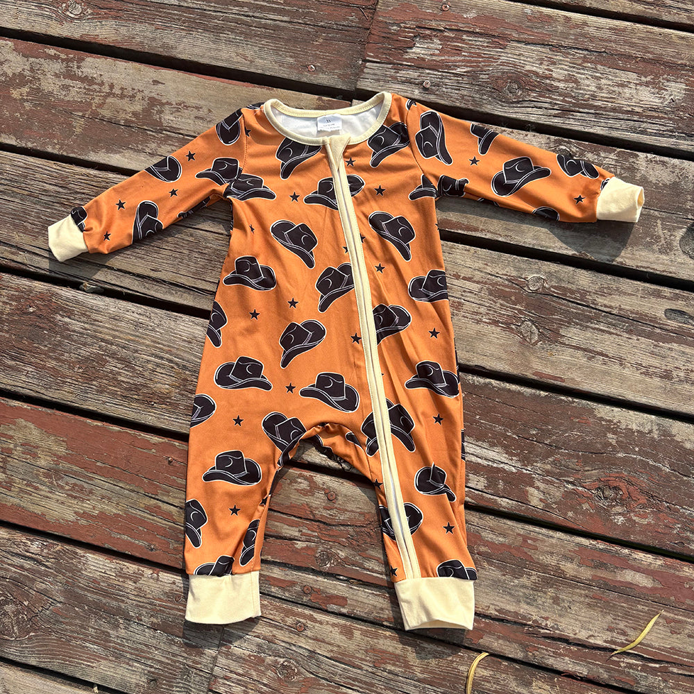 Baby Infant Boys Brown Western Hats Long Sleeve Zip Rompers