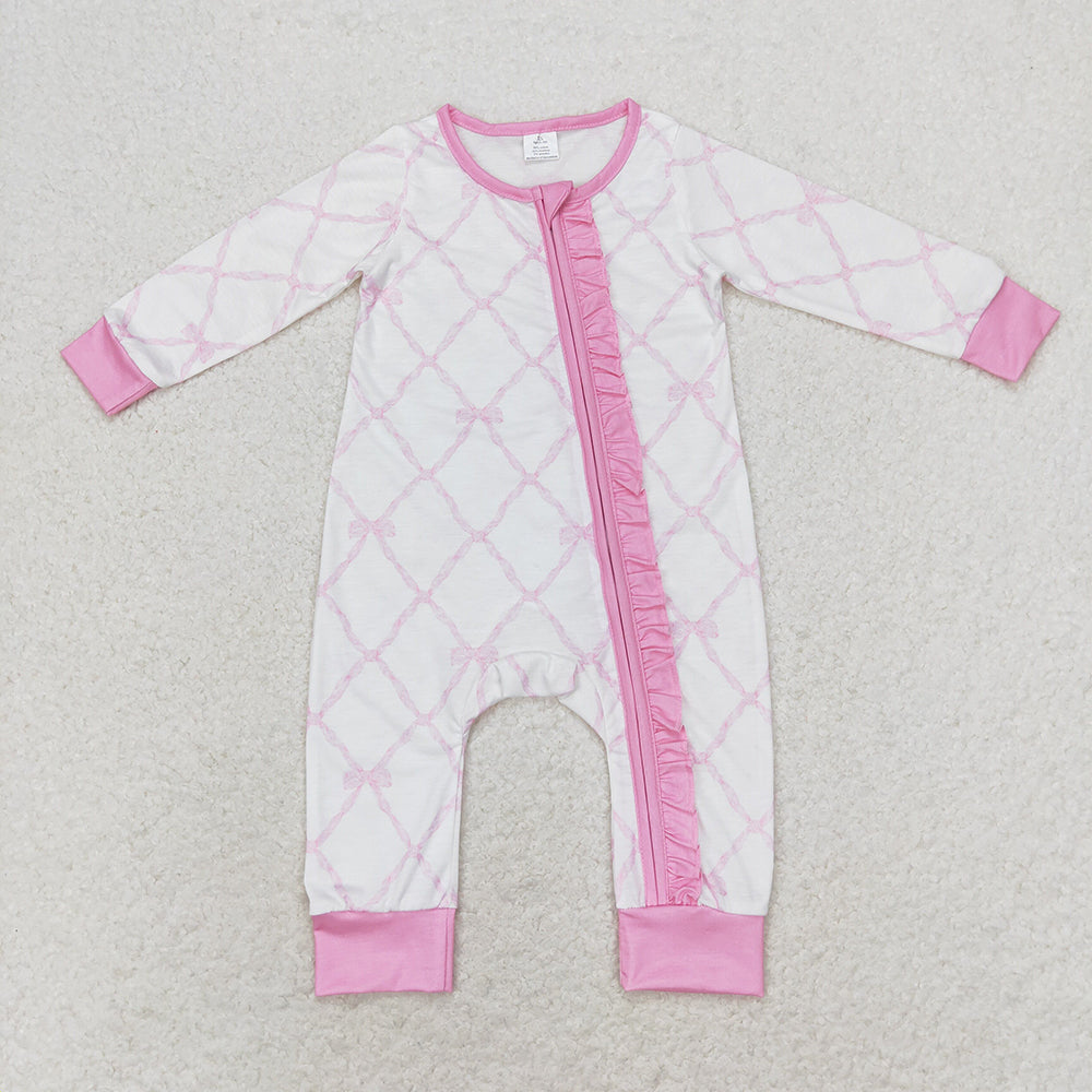 Baby Girls Pink Bows Zip Ruffle Long Sleeve Bamboo Rompers