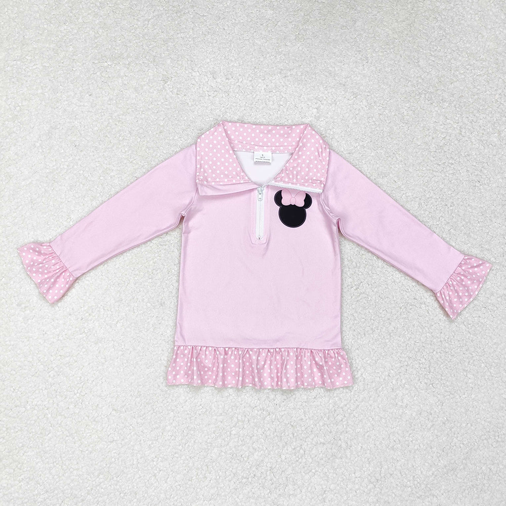 Baby Girls Pink Cartoon Bow Zip Long Sleeve Tee Shirts Tops