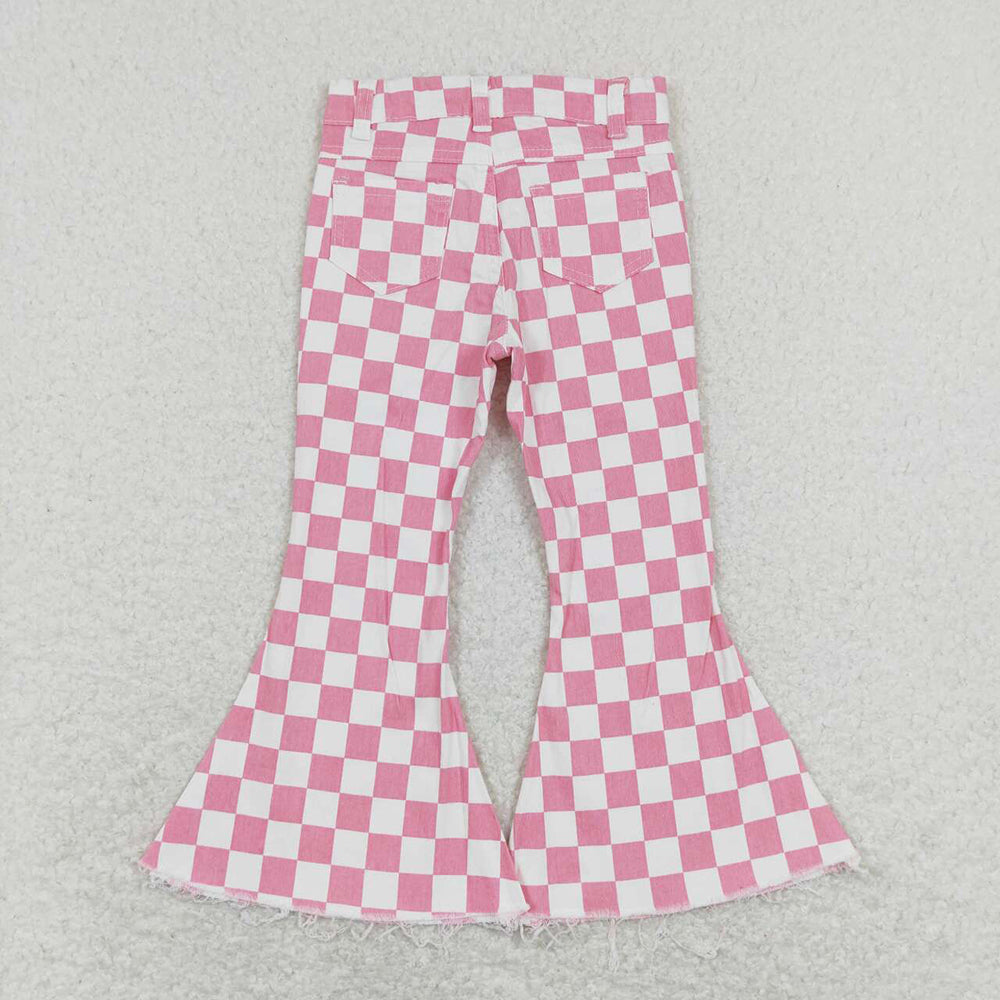 Baby Girls Pink Checkered Bell Flare Denim Pants Jeans