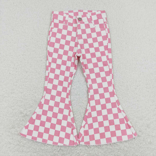 Baby Girls Pink Checkered Bell Flare Denim Pants Jeans