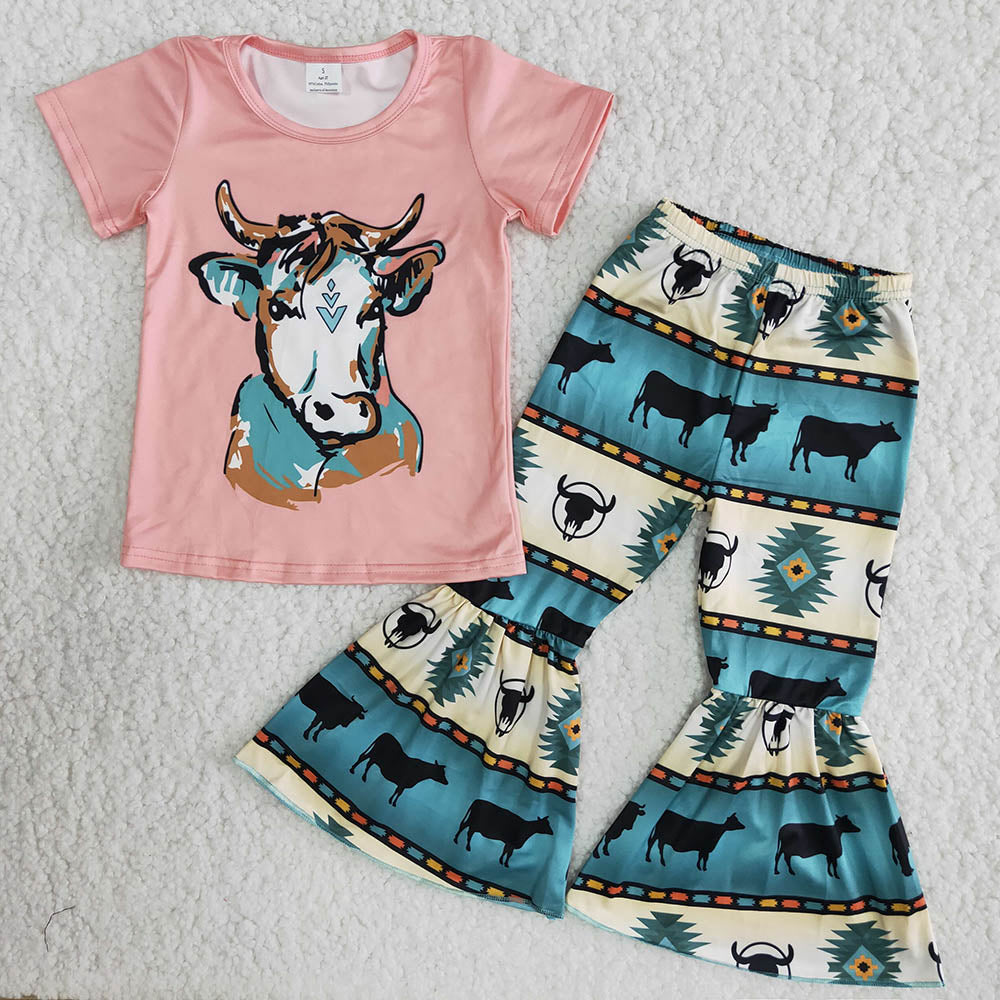 USA Shop Cows Top Aztec Bell Bottom Pants Clothes Set