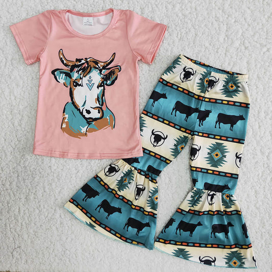 USA Shop Cows Top Aztec Bell Bottom Pants Clothes Set