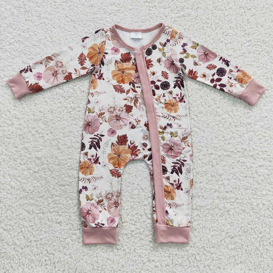 Baby Girls Pumpkin Flowers Zip Rompers