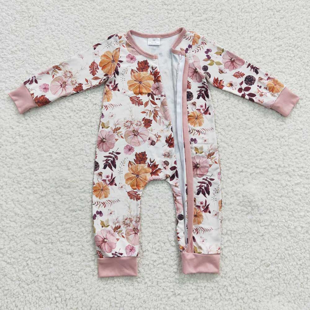 Baby Girls Pumpkin Flowers Zip Rompers