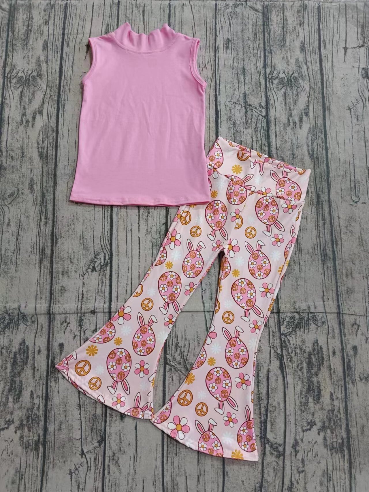 Baby Girls Pink Sleeveless Tee Shirt Easter Eggs Bell Pants Clothing Sets Preorder(moq 5)