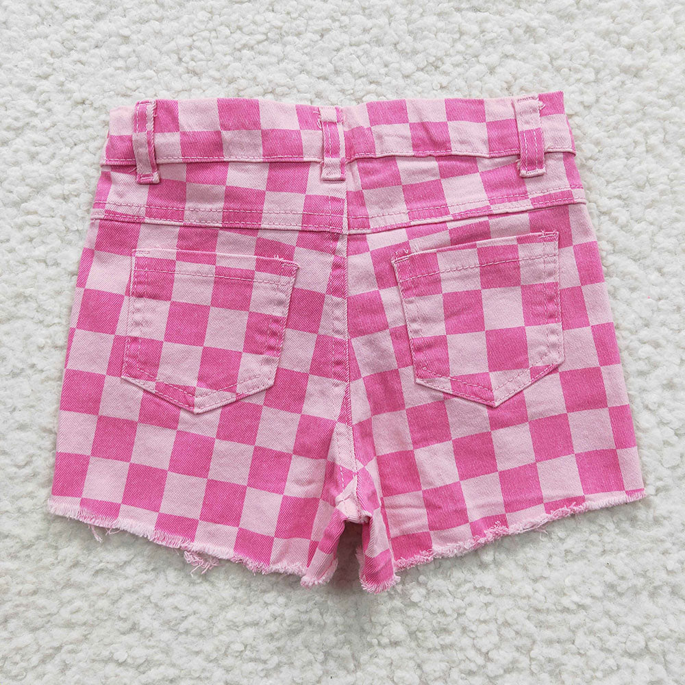 Baby Girls Pink Plaid Distressed Denim Shorts