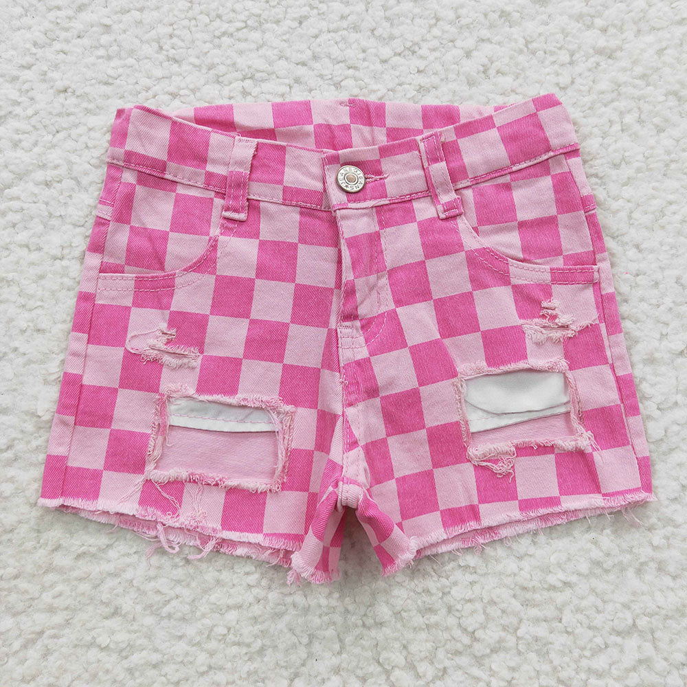 Baby Girls Pink Plaid Distressed Denim Shorts