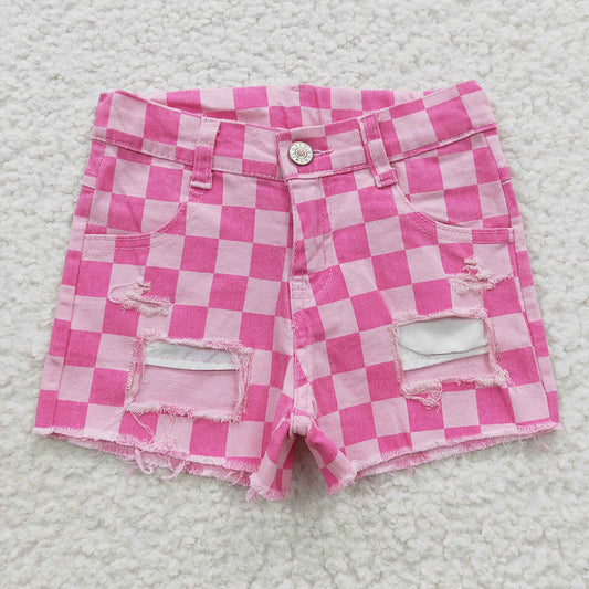 Baby Girls Pink Plaid Distressed Denim Shorts