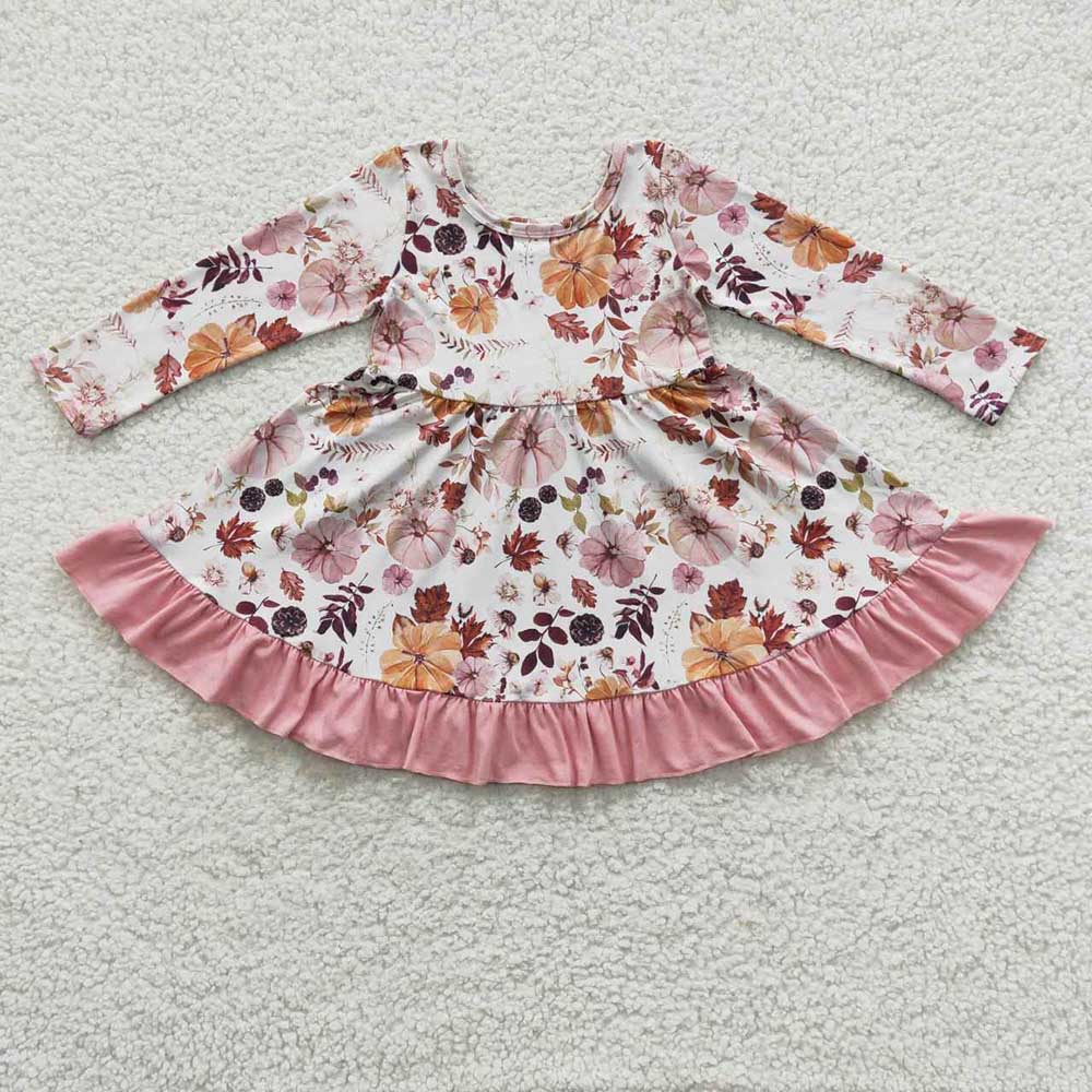 Baby Girls Pumpkin Flowers Long Sleeve Ruffle Knee Length Dresses