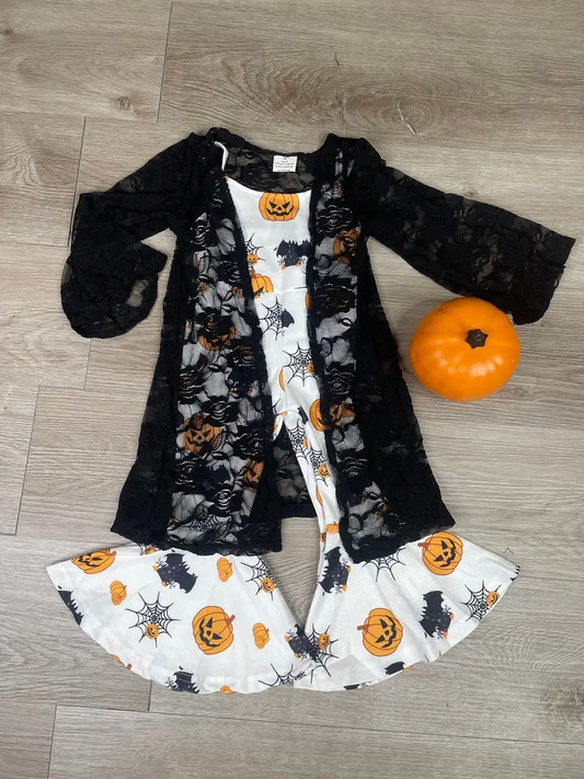 Baby Girls Pumpkin Jumpsuits Lace Cardigan 2pcs Sets