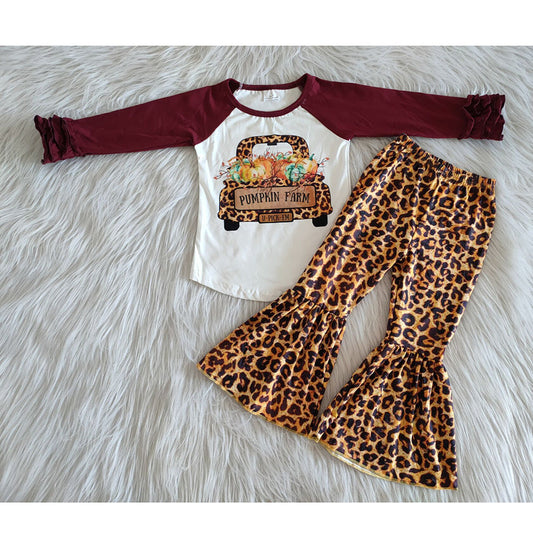 USA Shop Pumpkin Tractor Top Leopard Bell Bottom Pants Clothes Set