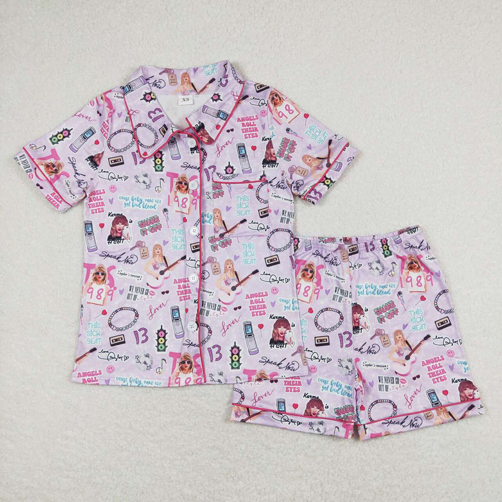 Mommy and Me Baby Girls Purple Singer 1989 Buttons Top Shorts Pajamas Clothes Sets