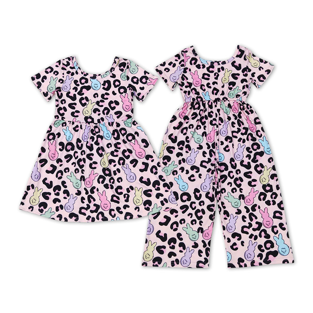 Sibling Baby Girls Pink Easter Leopard Bunny Dresses Jumpsuits