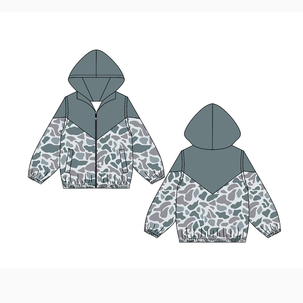 Preorder (moq 5)Baby Boys Long Sleeves Gray Blue Camo Zipper Hoodies Cardigan Jackets Top