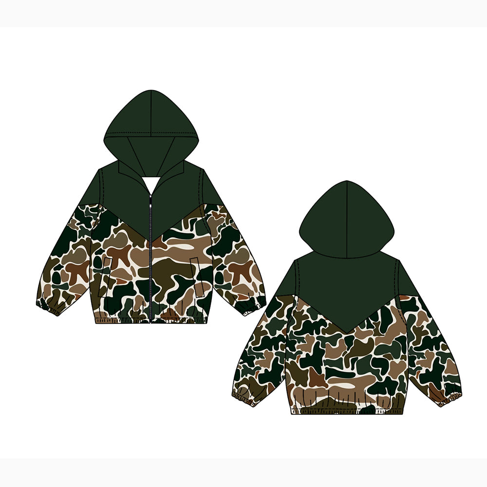 Preorder (moq 5)Baby Boys Long Sleeves Dark Green Brown Camo Zipper Hoodies Cardigan Jackets Top