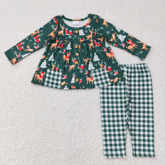 Baby Girls Christmas Deer Pocket Tunic Dots Checkered Legging Pants Clothing Sets