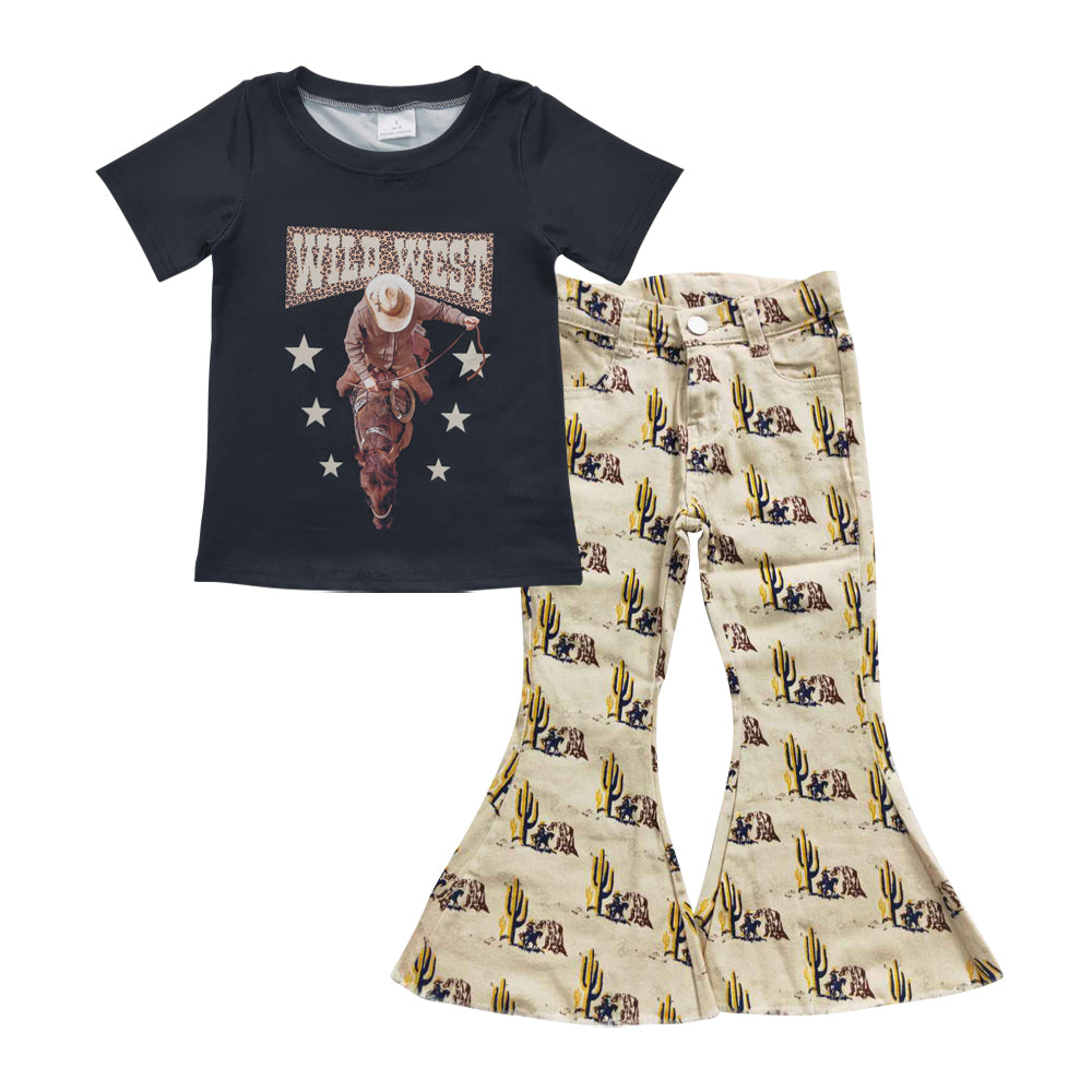 Baby Girls Wild West Shirt Redeo Denim Pants Clothes Sets