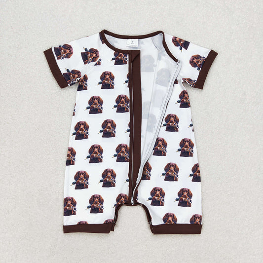 Baby Infant Boys Dog Hunting Short Sleeve Zip Rompers