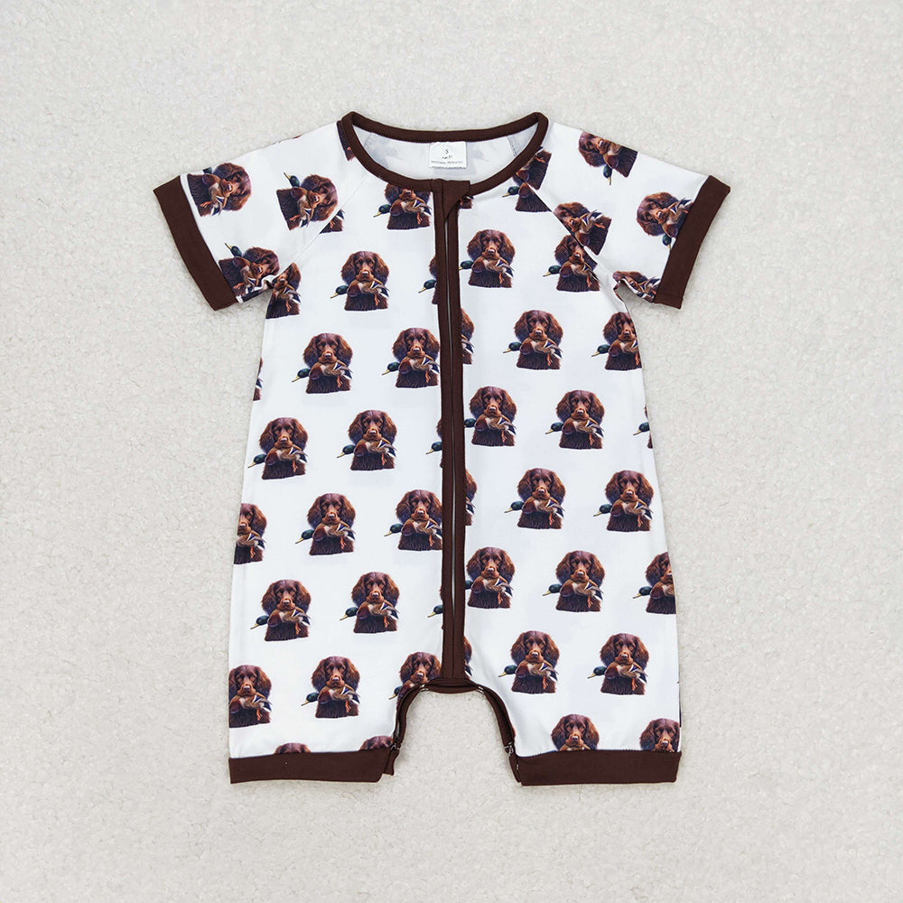 Baby Infant Boys Dog Hunting Short Sleeve Zip Rompers