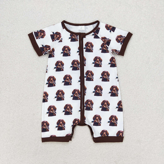 Baby Infant Boys Dog Hunting Short Sleeve Zip Rompers