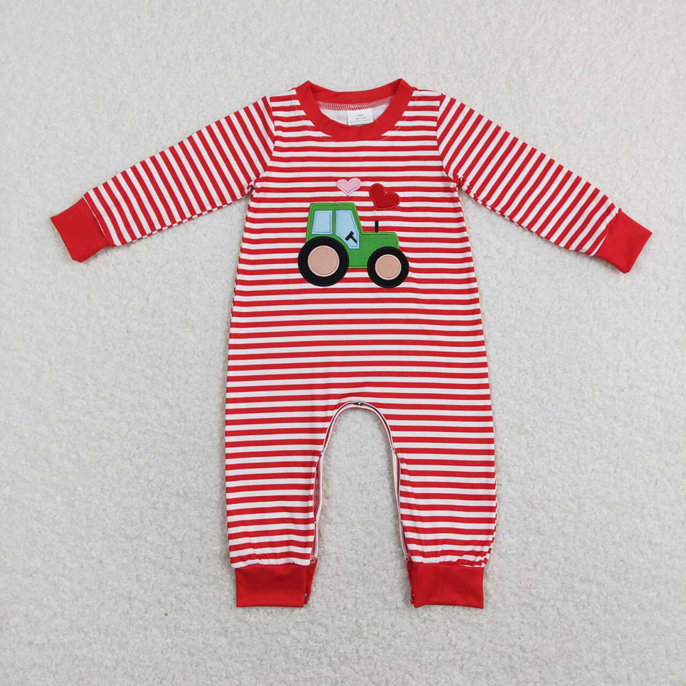 Baby Infant Boys Valentines Tractor Hearts Red Stripes Rompers