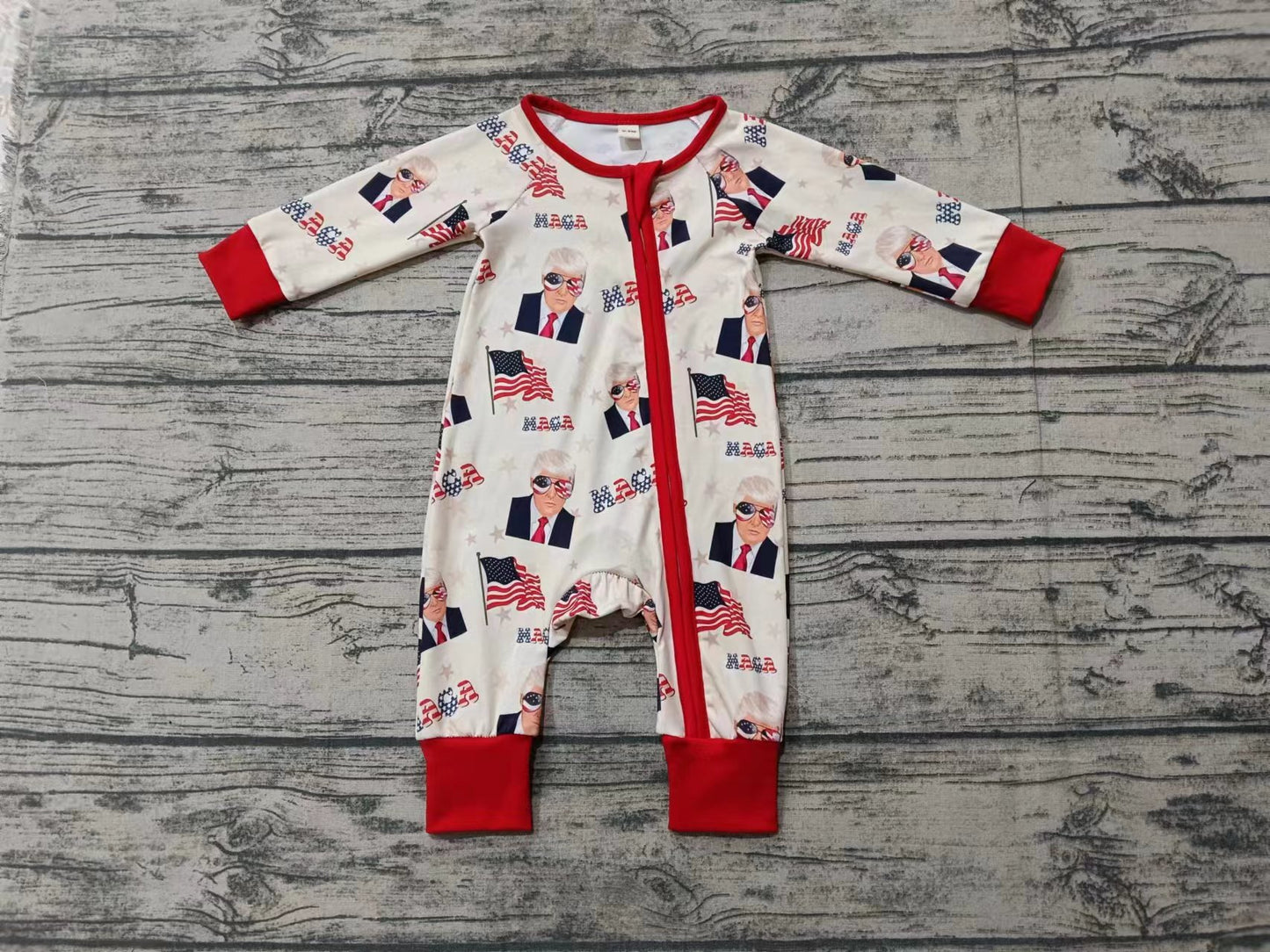 Preorder(moq 5)Baby Infant Boys Trumps Flag Zip Sleepers Rompers