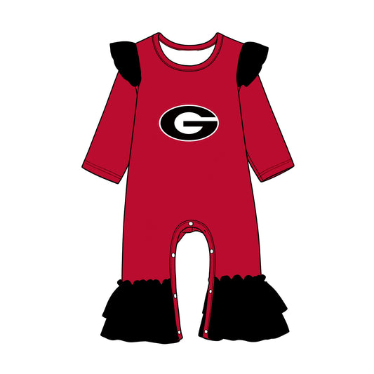 Preorder (moq 5) Baby Girls Red Black Long Sleeve Georgia Team Ruffle Pant Rompers
