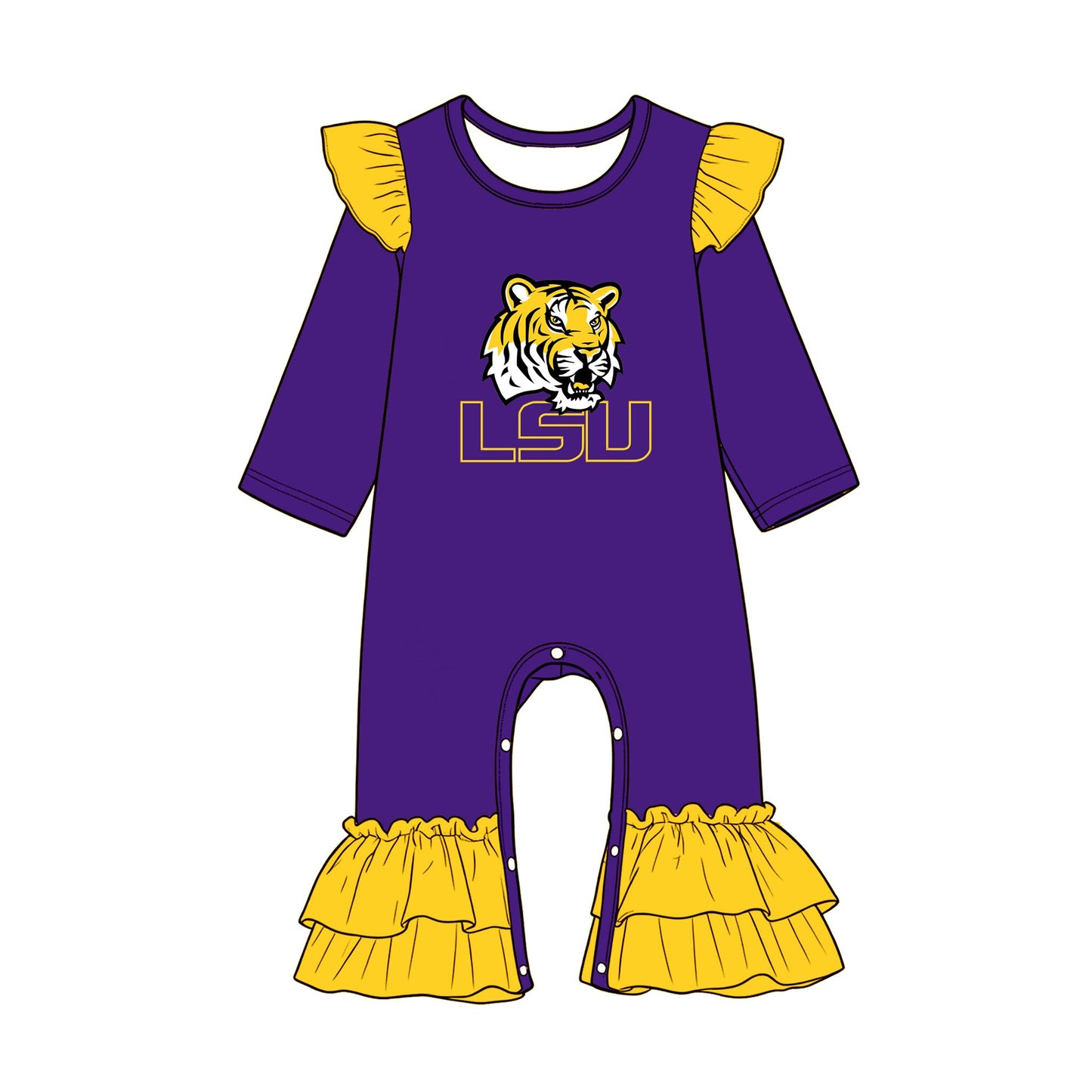 Preorder (moq 5) Baby Girls Purple Yellow Long Sleeve LSU Tiger Team Ruffle Pant Rompers