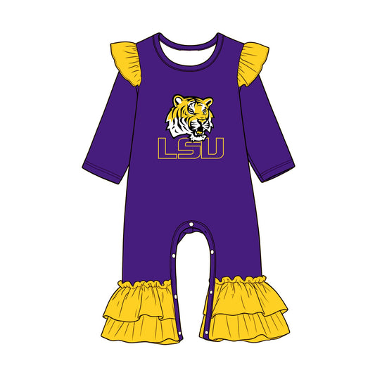 Preorder (moq 5) Baby Girls Purple Yellow Long Sleeve LSU Tiger Team Ruffle Pant Rompers