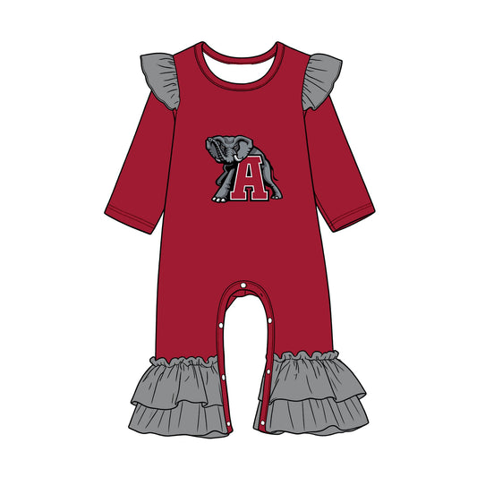 Preorder (moq 5) Baby Girls Red Grey Long Sleeve Alabama Team Ruffle Pant Rompers