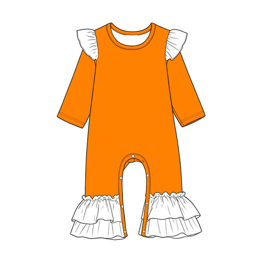 Preorder (moq 5) Baby Girls Orange White Long Sleeve Ruffle Pant Rompers
