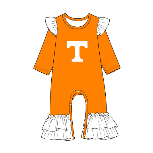 Preorder (moq 5) Baby Girls Orange White Long Sleeve Tennessee Team Ruffle Pant Rompers