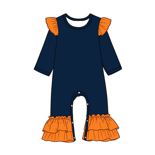 Preorder (moq 5) Baby Girls Navy Orange Long Sleeve Ruffle Pant Rompers
