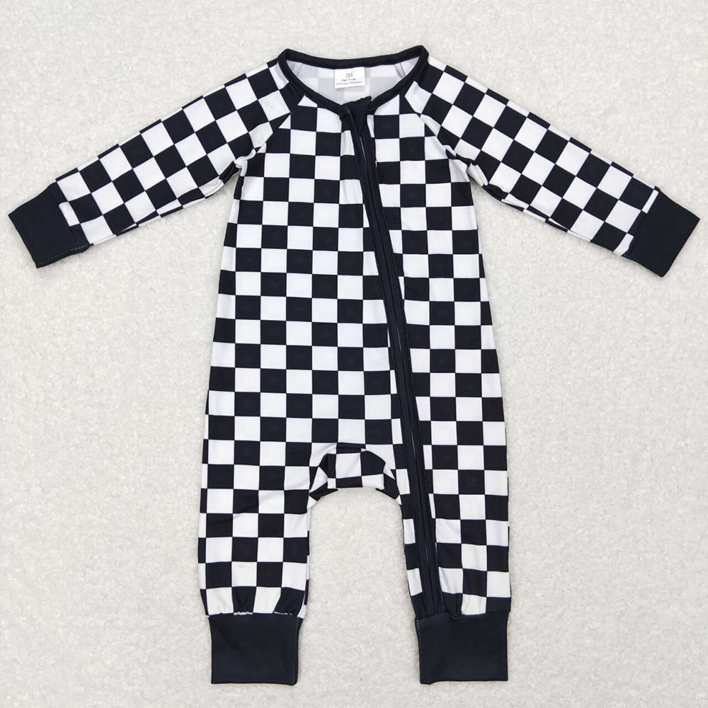 Baby Infant Kids Black Checkered Long Sleeve Zip Sleepers Rompers