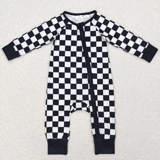 Baby Infant Kids Black Checkered Long Sleeve Zip Sleepers Rompers