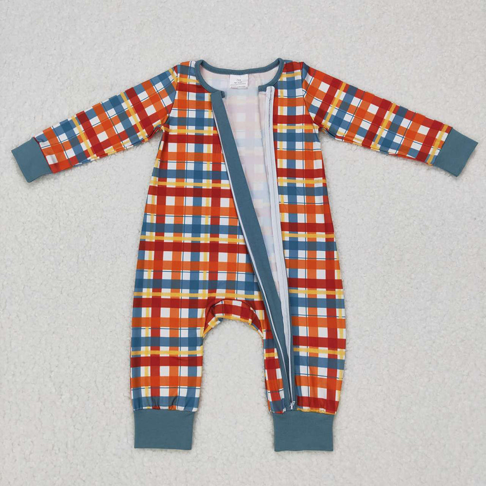 Baby Infant Kids Boys Thanksgiving Plaid Brown Zip Rompers