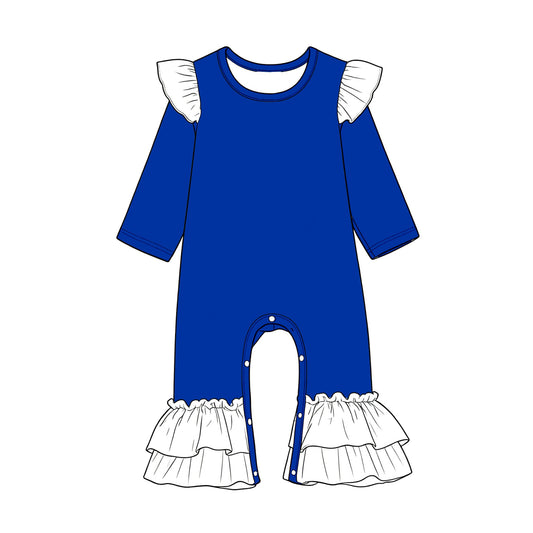 Preorder (moq 5) Baby Girls Hot Blue White Long Sleeve Ruffle Pant Rompers