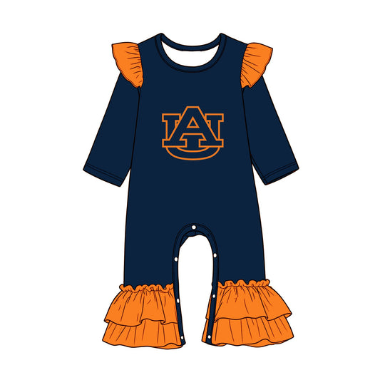 Preorder (moq 5) Baby Girls Navy Orange Long Sleeve Auburn Team Ruffle Pant Rompers