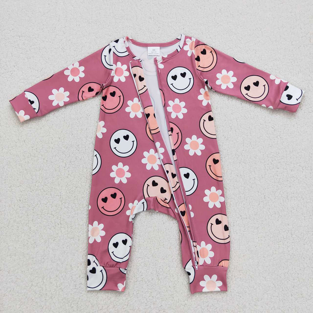 Baby Girls Flowers Smile Long Sleeve Zip Rompers