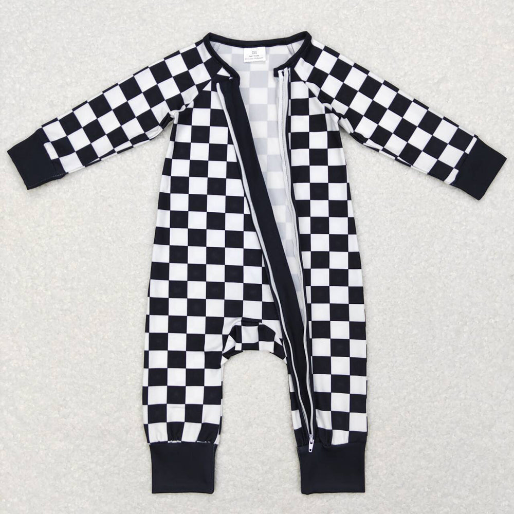 Baby Infant Kids Black Checkered Long Sleeve Zip Sleepers Rompers