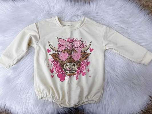 Baby Girls Valentines Pink Highland Cow Long Sleeve Rompers preorder(moq 5)