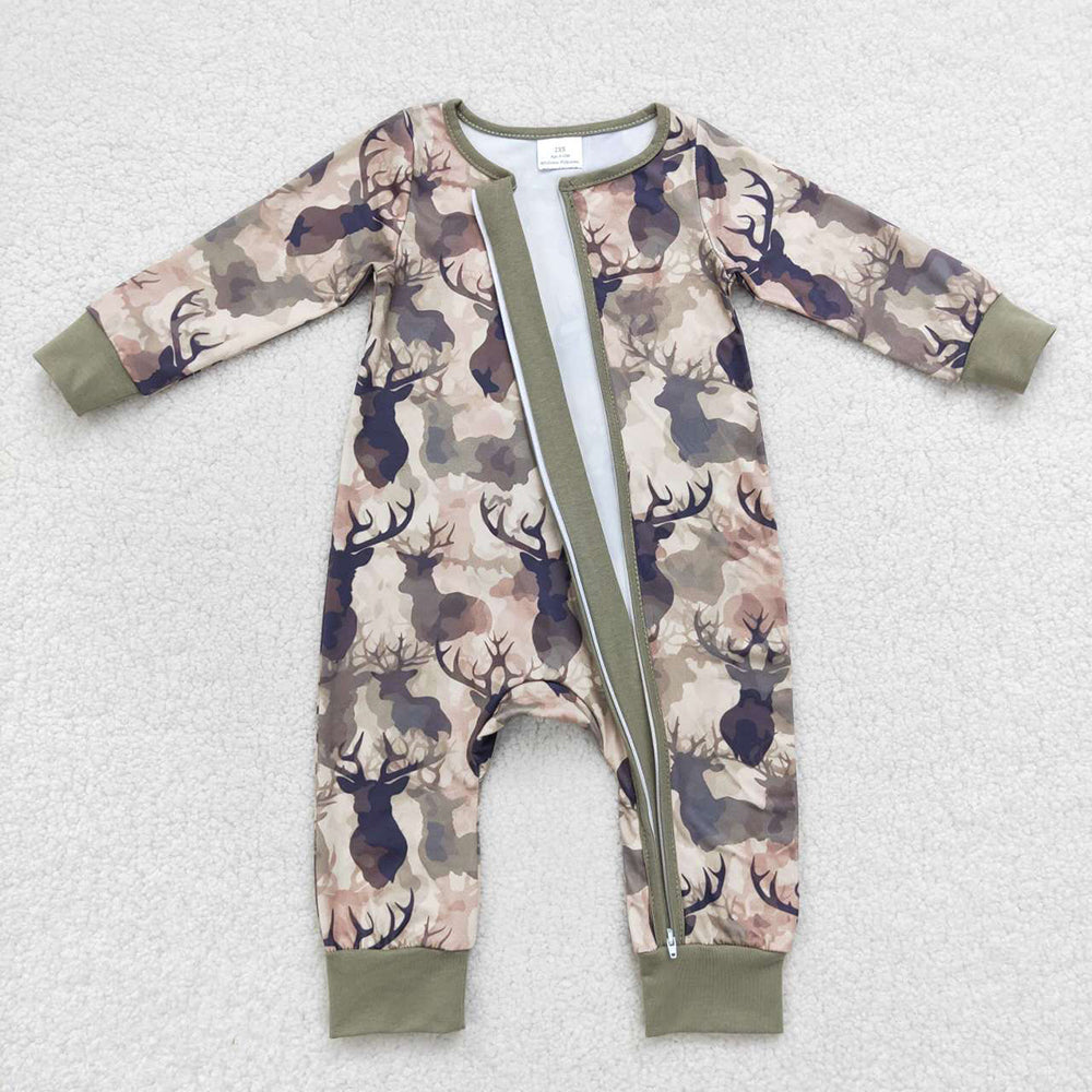 Baby Boys Camo Deer Zip Long Sleeve Rompers