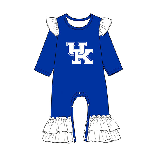 Preorder (moq 5) Baby Girls Hot Blue Long Sleeve Kentucky Team Ruffle Pant Rompers