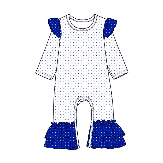 Preorder (moq 5) Baby Girls White Blue Long Sleeve Polka Dots Ruffle Pant Rompers