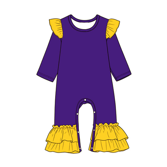 Preorder (moq 5) Baby Girls Purple Yellow Long Sleeve Ruffle Pant Rompers