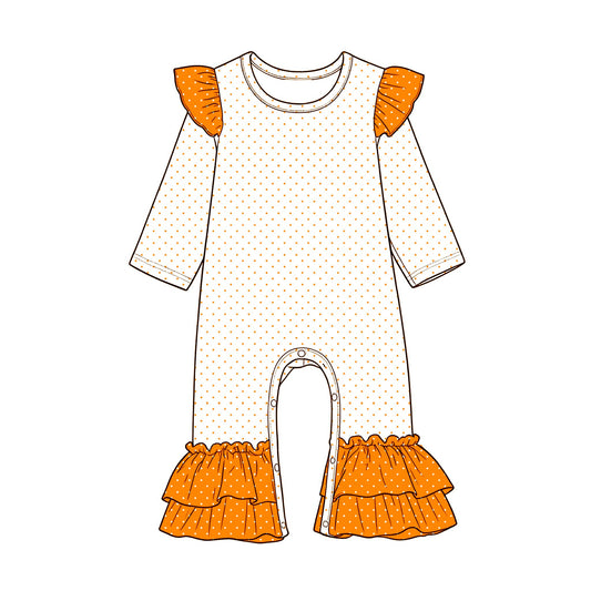 Preorder (moq 5) Baby Girls White Orange Long Sleeve Polka Dots Ruffle Pant Rompers