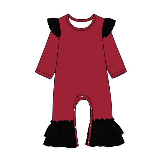 Preorder (moq 5) Baby Girls Dark Red Black Long Sleeve Ruffle Pant Rompers