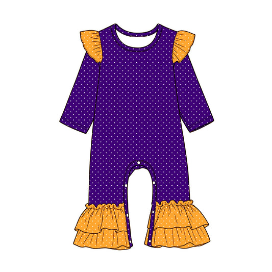 Preorder (moq 5) Baby Girls Purple Yellow Long Sleeve Polka Dots Ruffle Pant Rompers